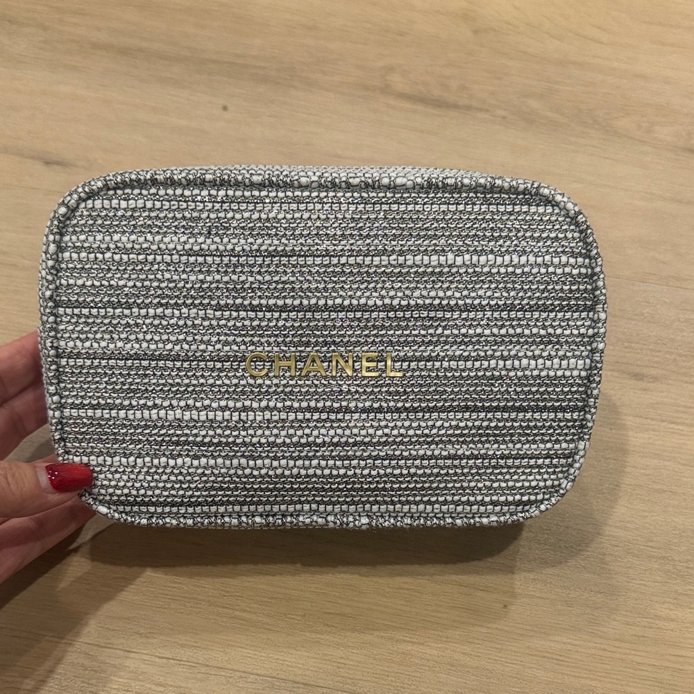 CHANEL Silver and Gray Striped Cosmetic Case